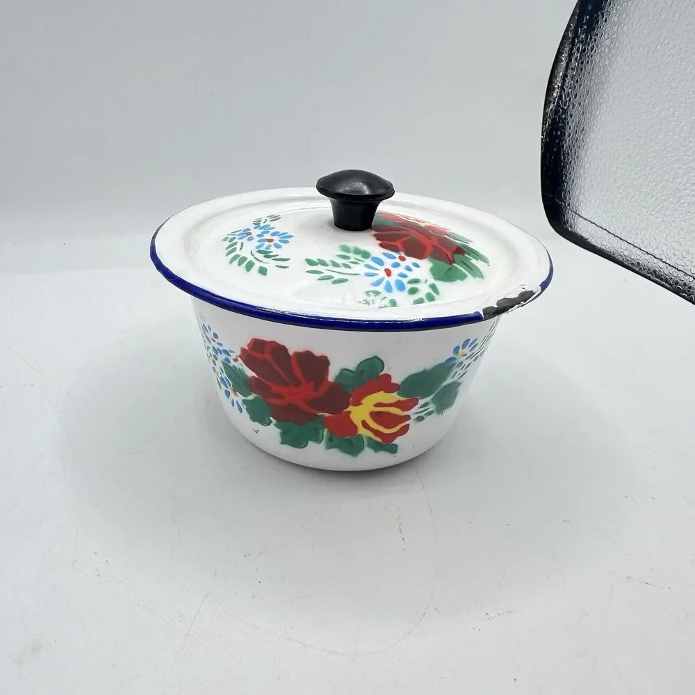 Vintage Mini Floral Enamel Pot Trinket Dish Roses Retro Kitsch Decor - Picture 2 of 13
